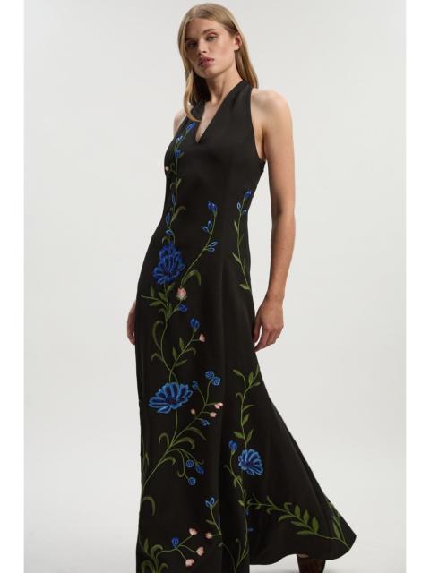 KAREN MILLEN Tall Placed Floral Halter Embroidered Crepe Woven Maxi Dress