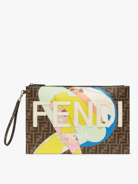FENDI Large pouch with removable bracelet handle. Zip fastening. Made of fabric with brown and tobacco FF 