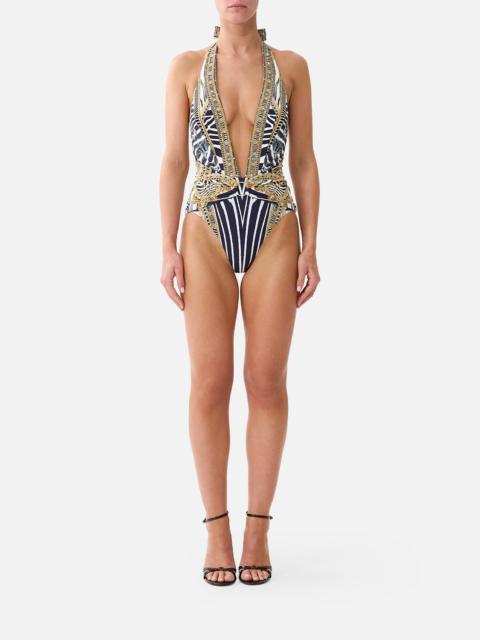 CAMILLA PLUNGE HALTER ONE PIECE W PLEATED WAIST TRIM ZIG ZAG ZOO