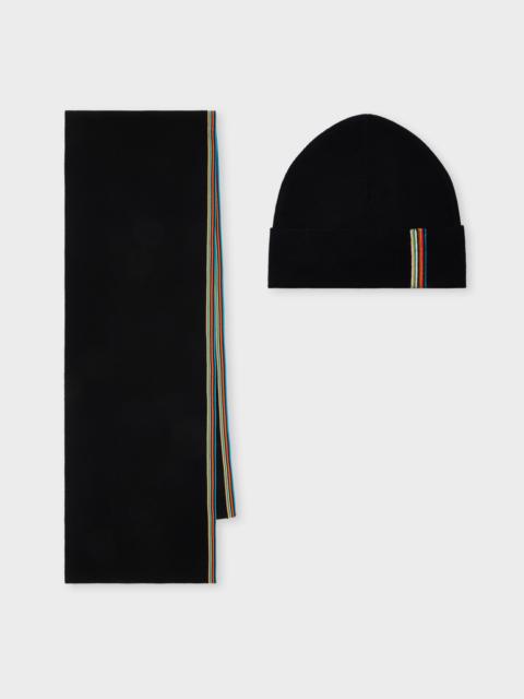 Paul Smith Black Merino Wool 'Signature Stripe' Trim Beanie & Scarf Set