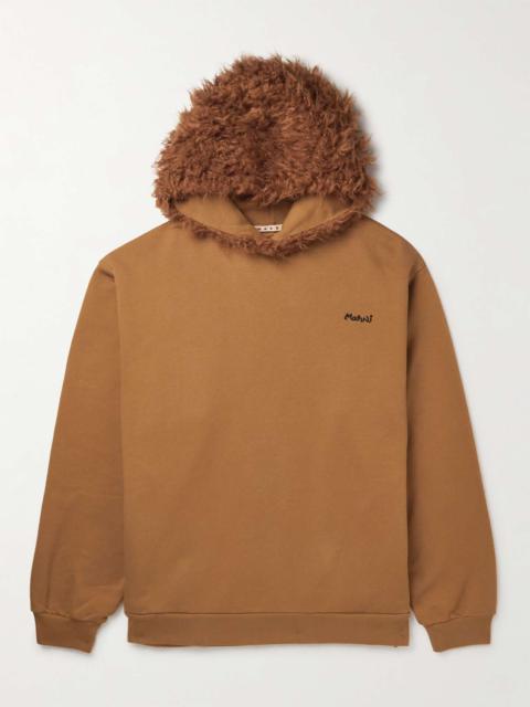Logo-Embroidered Faux Shearling-Trimmed Cotton-Jersey Hoodie