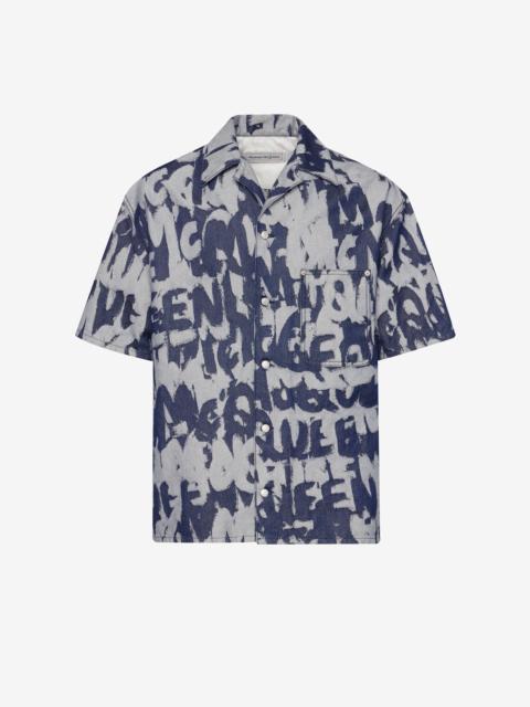 Men's McQueen Graffiti Hawaiian Denim Shirt in Indigo