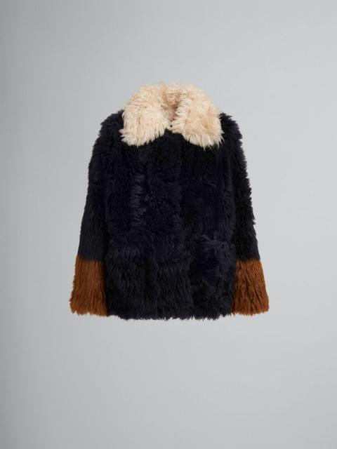 NAVY LONG-HAIR SHEARLING JACKET WITH CONTRAST TRIMS