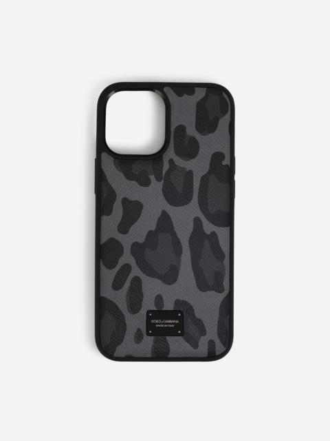Dolce & Gabbana Dauphine calfskin iPhone 12 Pro Max cover with leopard print against a gray background
