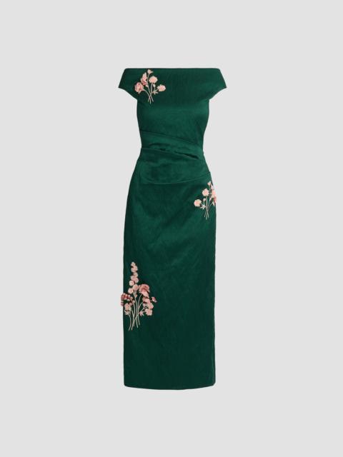 Erdem EMBROIDERED TEXTURED SATIN MIDI PENCIL DRESS