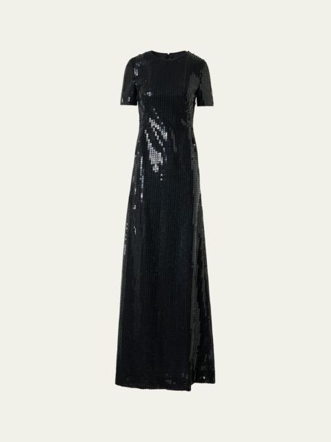 AKRIS Short-Sleeve Corded Sequin Gown