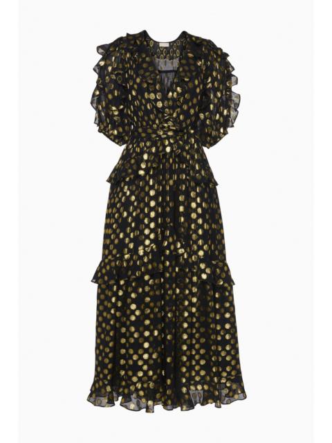 ULLA JOHNSON Tida Silk V–Neck Short Sleeve Midi Dress