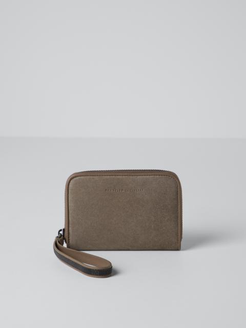 Brunello Cucinelli Soft matelassé small wallet in suede with Precious zipper pull