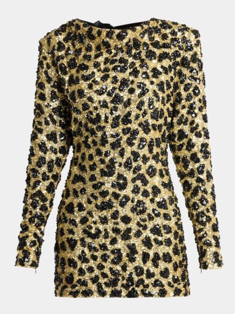 Balmain Leopard Embellished Bow-Back Long-Sleeve Mini Dress
