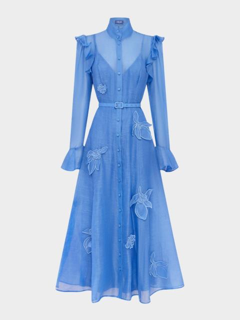 LEO LIN Katrina Applique Butterfly-Sleeve Belted Midi Dress