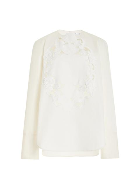 Oscar de la Renta Floral-Appliquéd Cotton-Poplin Blouse white