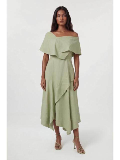 KAREN MILLEN Premium Viscose Linen Tailored Asymmetric Neck Full Skirted Midi Dress