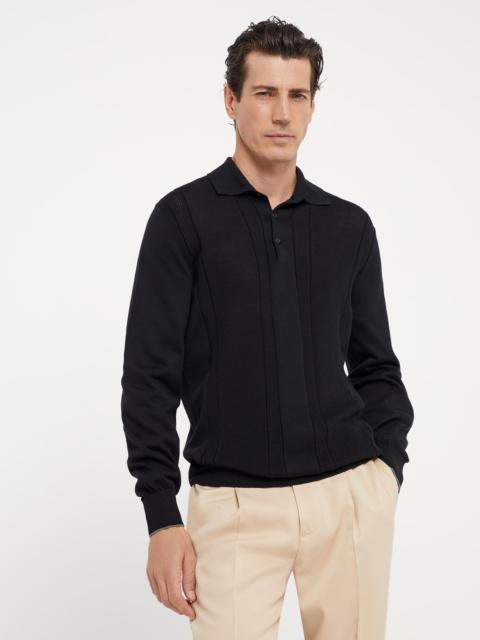 Cotton textured rib knit polo with long sleeves