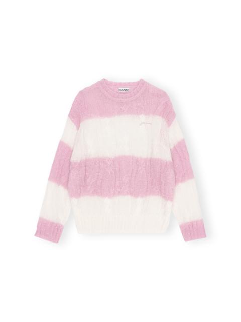 GANNI STRIPED MOHAIR CABLE O-NECK SWEATER