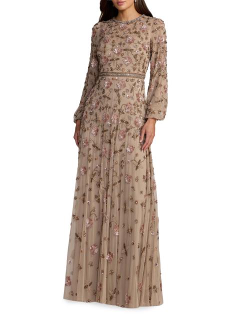 MAC DUGGAL Women's Embellished Blouson Sleeve Tulle Gown - Taupe
