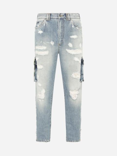 Dolce & Gabbana Loose light blue cargo jeans with rips