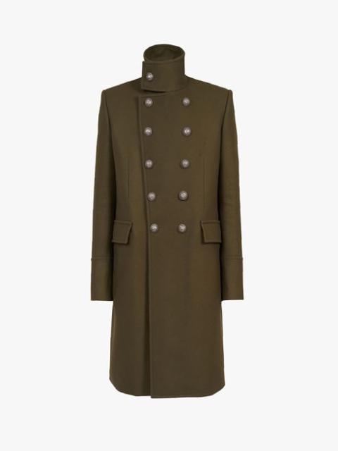 Balmain Long khaki wool military coat with double-breasted silver-tone buttoned fastening