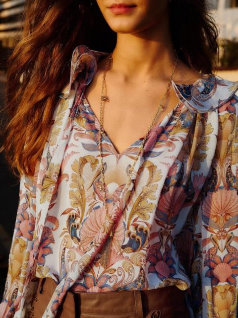 FARM RIO Off-White Sea Garden Ruffled Long Sleeve Blouse