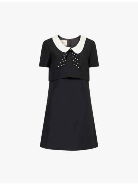 Valentino Contrast-Collar Short-Sleeve Wool-Silk Mini Dress