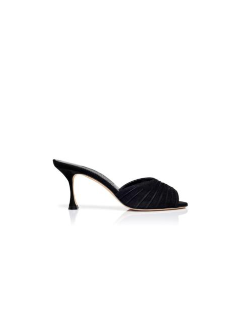 Manolo Blahnik Black Suede Ruched Open Toe Mules