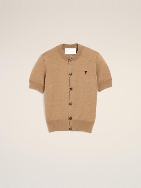 AMI Paris BROWN WOOL SHORT-SLEEVE CARDIGAN WITH AMI DE COEUR