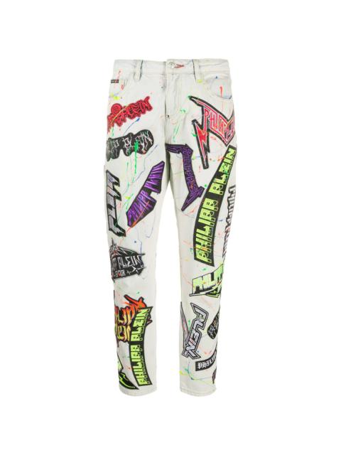 PHILIPP PLEIN 로고 잡아당기기 페인트 splatter 청바지