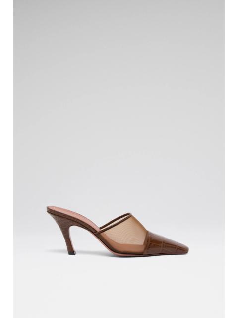 Amina Muaddi JAMIE MESH MULE 80 BROWN TULLE AND BROWN PRINTED CROC