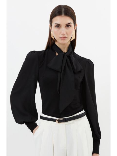 KAREN MILLEN Jersey Ponte And Georgette Mix Tie Neck Long Sleeve Bodysuit