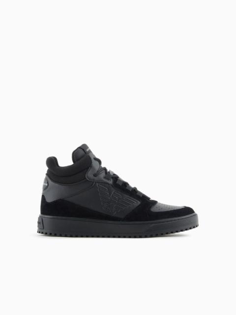 EMPORIO ARMANI Leather and suede high-top sneakers