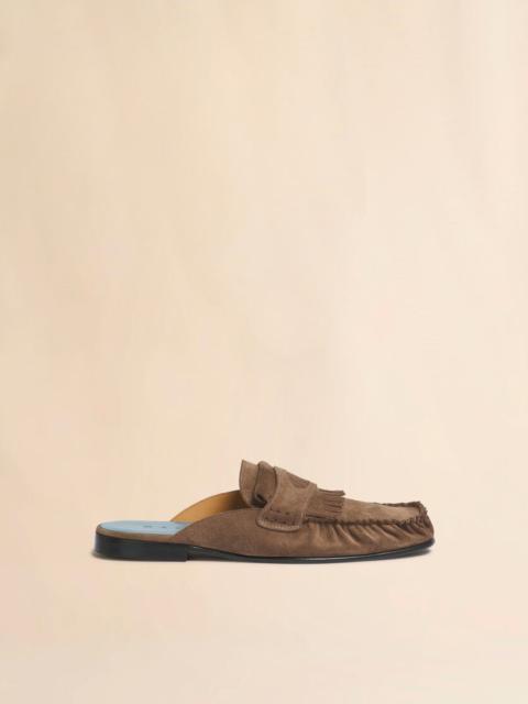 Marni BROWN SUEDE SABOT WITH FRINGE TRIM