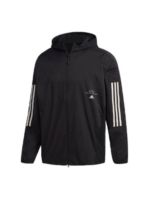 Men's adidas Logo Stripe Printing Hooded Jacket Black FM5325