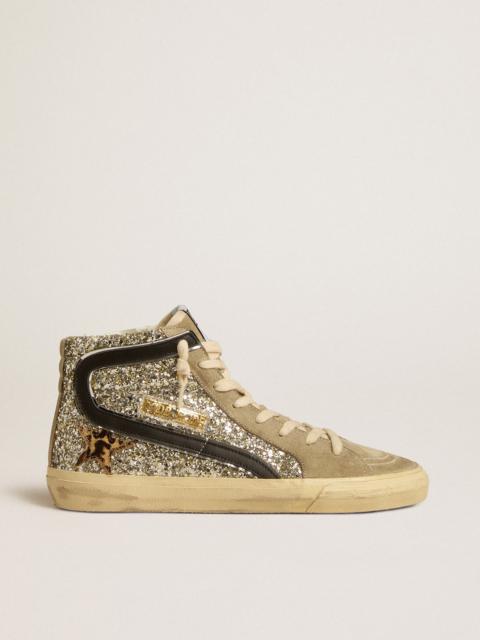 Golden Goose Slide in platinum glitter with leopard-print pony