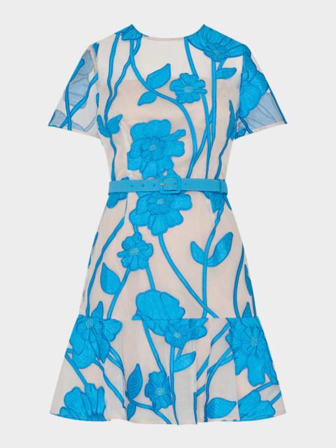 MILLY Rosie Floral Applique Flounce Mesh Mini Dress