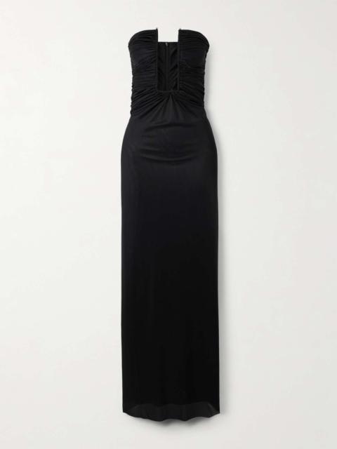 Strapless gathered satin-jersey maxi dress