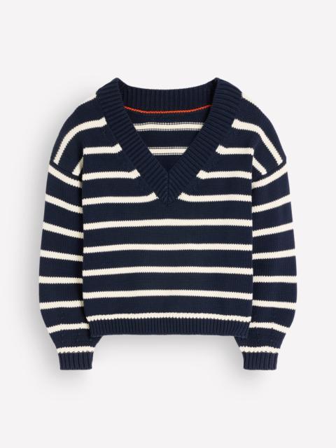BODEN Lucy Cotton V-neck Sweater-Navy, Ivory