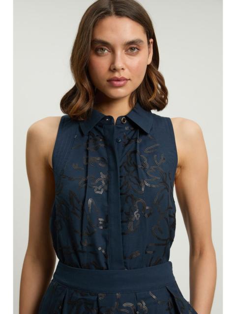 KAREN MILLEN Linen Matte Sequin Collared Top