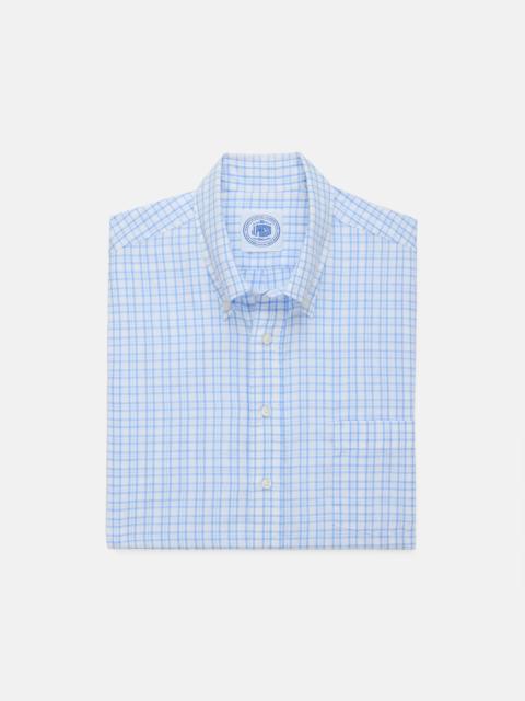 J. PRESS LIGHT BLUE CHECK COTTON/LINEN SHORT SLEEVE SPORT SHIRT - CLASSIC FIT