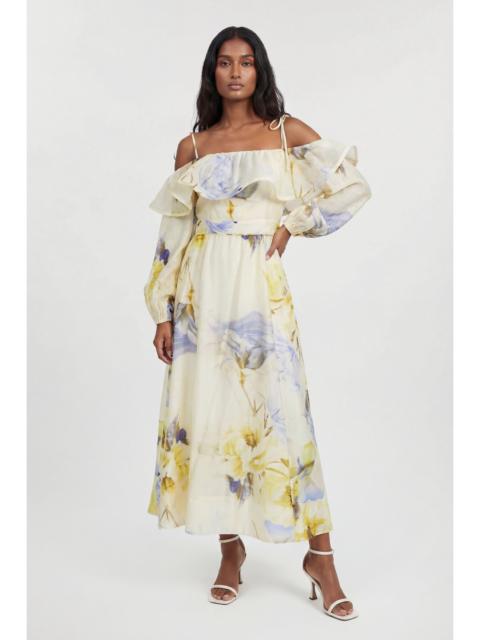 KAREN MILLEN Blue Floral Off The Shoulder Shirred Woven Maxi Dress