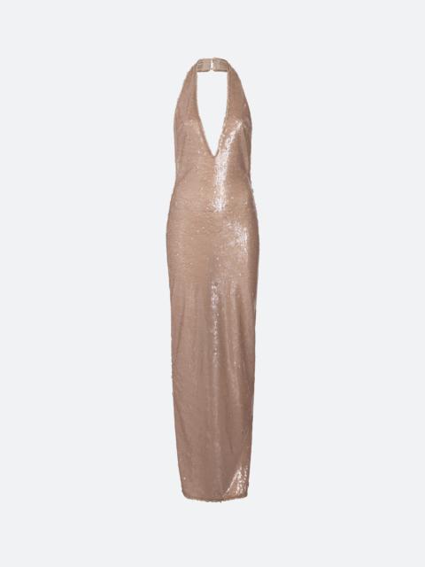 Sheer Sequin Deep V Neck Gown