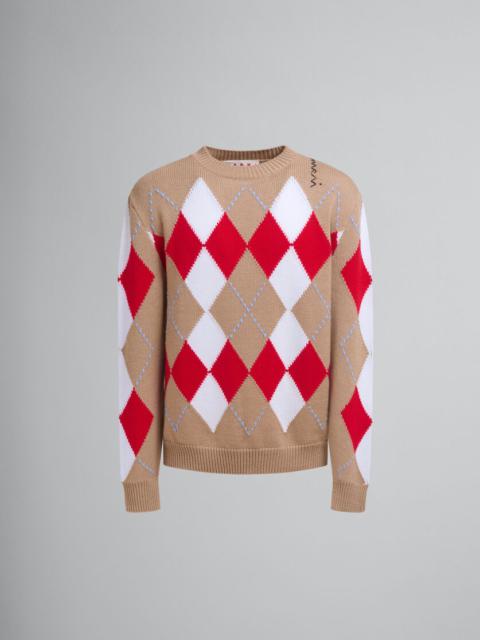 Marni BEIGE CREW NECK WOOL JUMPER WITH ARGYLE MOTIF