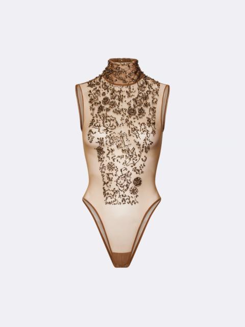 LAPOINTE Flower Crystal Embroidery Sleeveless Mock Neck Bodysuit
