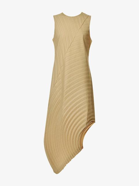 Pleated curved-hem knitted midi dress