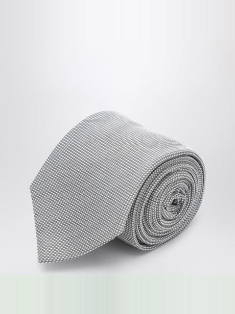 FERRAGAMO Pearl grey silk tie with micro-check pattern