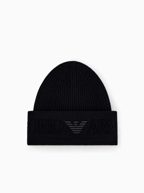 EMPORIO ARMANI BEANIE HAT IN RIBBED VIRGIN WOOL WITH EMBOSSED LOGO ON CUFF