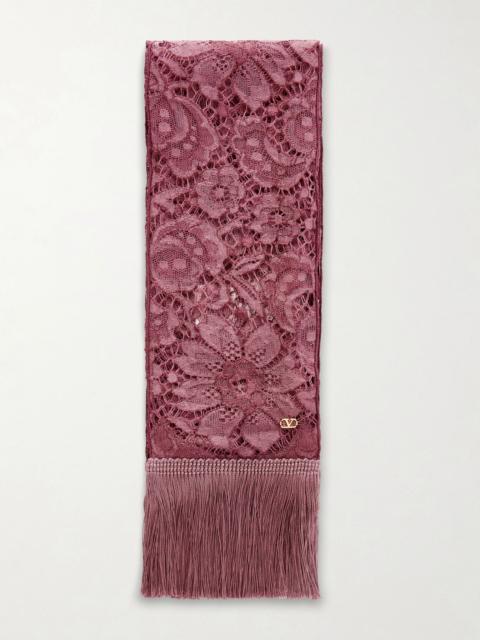 Valentino Embroidered fringed silk crocheted scarf Magenta