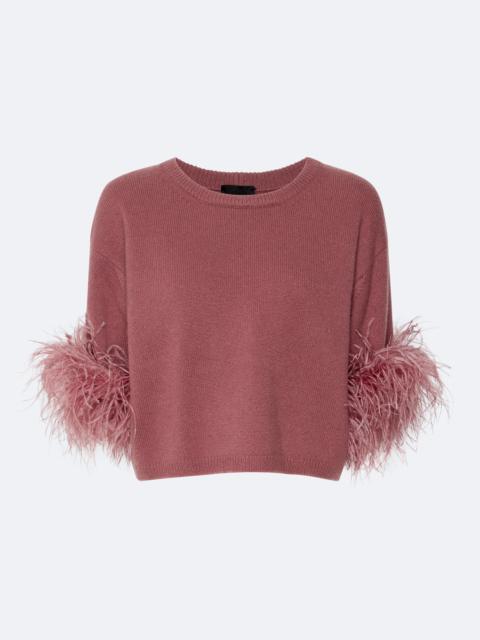 LAPOINTE Cashmere Short Sleeve Sweater With Feathers On The