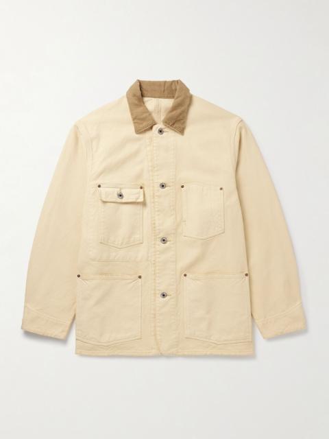 A.PRESSE Vintage Corduroy-Trimmed Distressed Cotton-Blend Canvas Coverall Jacket Beige