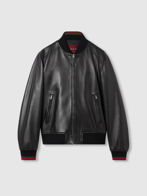 GUCCI 웹을 가진 가죽 bomber 재킷