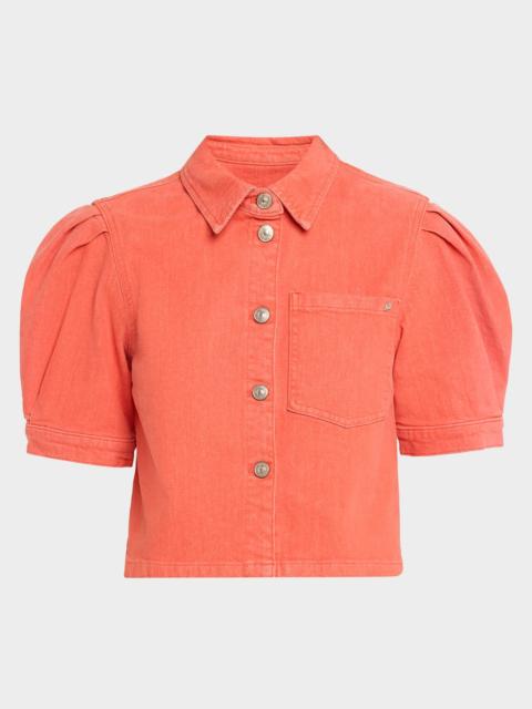 Cinq à Sept Halsie Puff-Sleeve Stretch-Cotton Denim Crop Shirt