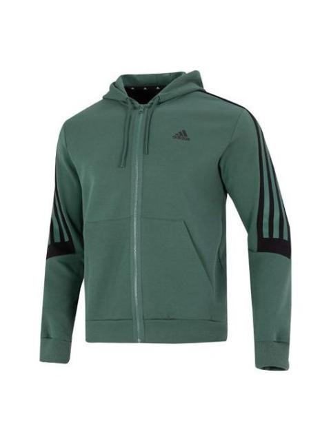 Men's adidas Stripe Logo Athleisure Casual Sports Knit Hooded Jacket Autumn Green HC5841